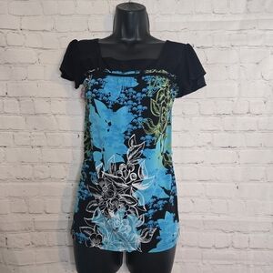 Perception Concept blue & black floral babydoll fairy top square neck medium